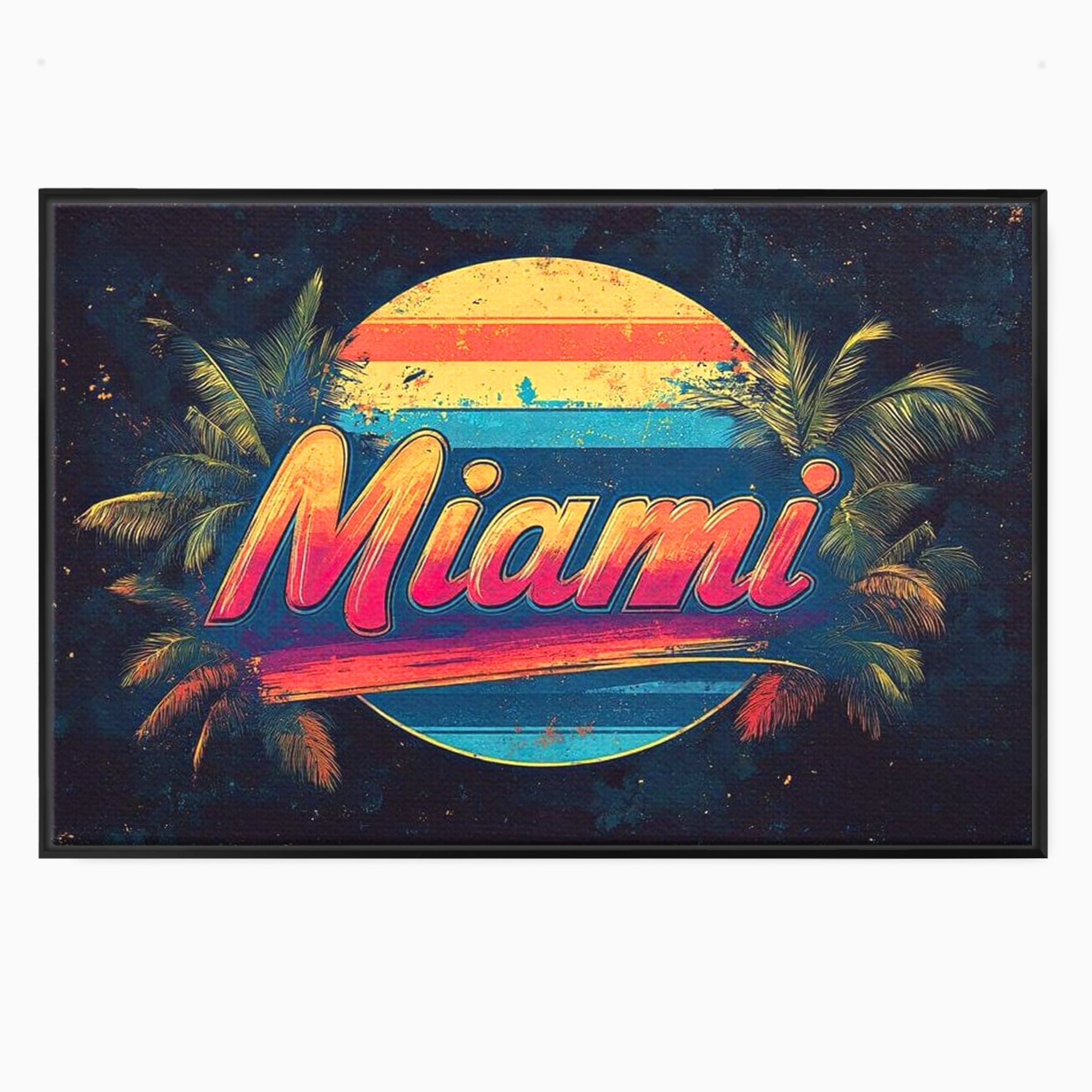 Tablou canvas cu ilustratie retro miami cu soare si palmieri, in rama de aluminiu negru